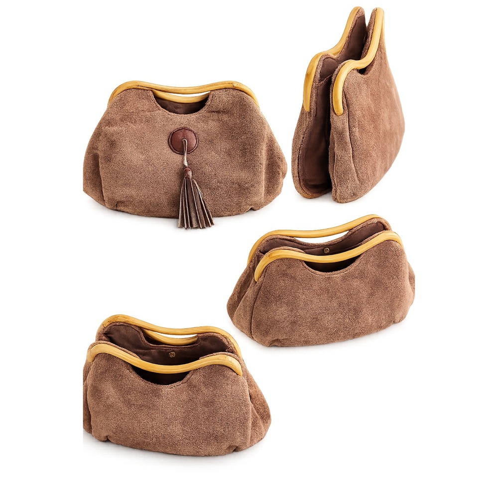 Vintage Style Brown Suede Clutch Handbag with Wooden Frame and Tassel Detail